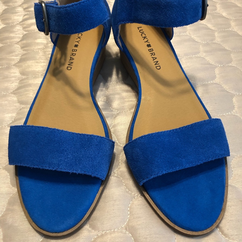 Lucky Brand Blue Suede Wedge Sandals | Ankle Strap | Size 8 - Picture 3 of 7